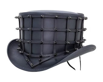 Sombrero de copa steampunk con pinchos de cuero negro hecho a mano: correa de jaula, cosplay gótico