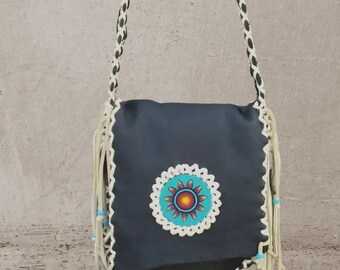Bolso bandolera de ante azul marino hecho a mano: Monedero bohemio con flecos estilo western