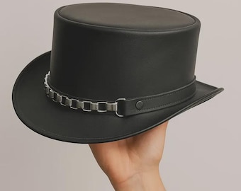 Handmade Black Leather Steampunk Top Hat - Chain Band Gothic Costume