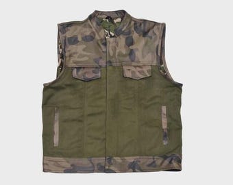 Men’s Camo Biker Vest: Military Style Cotton Canvas Tactical Waistcoat