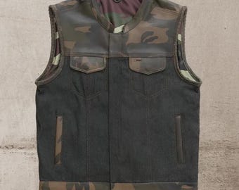 Men's Camo Leather & Black Denim Biker Vest - Motorcycle Club Style