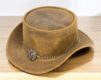 Handmade Black Leather Steampunk Top Hat: Embossed Band, Silver Conchos