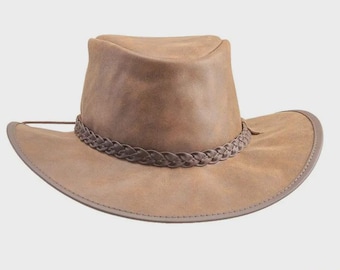 Cappello da cowboy in pelle fatto a mano - Rancher marrone chiaro con fascia intrecciata