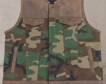 Men's Camo Motorcycle Vest: Tactical Leather Biker Vest, Military Style, Handmade
