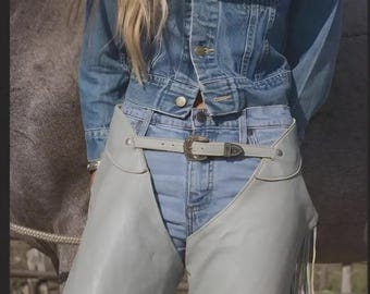 Grey Leather Fringe Chaps – Handmade Western Festival Chaps for Women