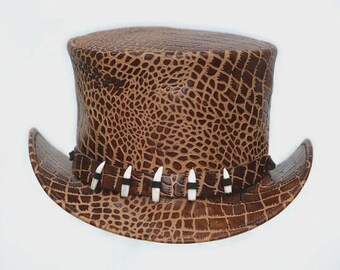 Handmade Crocodile Pattern Leather Top Hat – Steampunk Cowboy Festival Costume