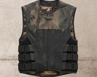 Men's Tactical Camo Biker Vest: Military Motorcycle Waistcoat