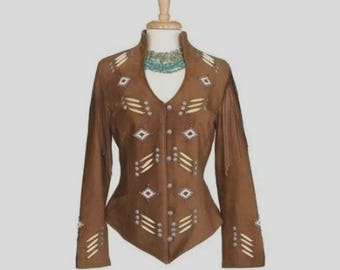 Brown Suede Fringe Western Jacket: Beaded Cowgirl Coat with Bone Studs