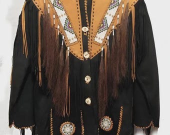Handmade Suede Fringe Jacket: Western Beaded Leather Cowboy Coat