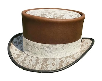 Handmade Brown Leather Top Hat: Steampunk Victorian Lace Costume