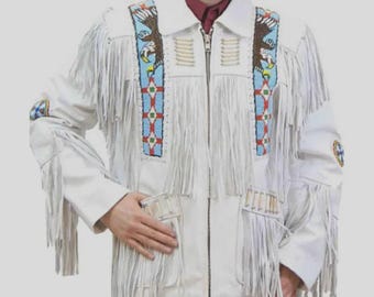 May include: White leather jacket with fringe and decorative beadwork. The jacket has a zip closure, a collar, and detailed beadwork with eagle and geometric designs. The sleeves and front have long fringe.