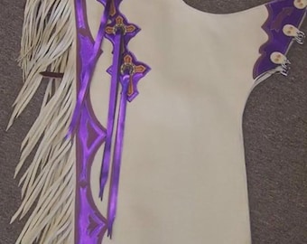 Op maat gemaakte leren rodeochaps: crème en metallic paarse cowgirl-fringe