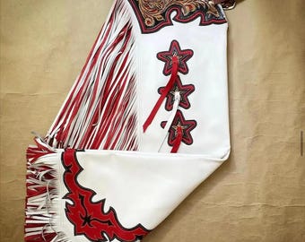 Handmade Leather Fringe Chaps – White & Red Star Rodeo Pants