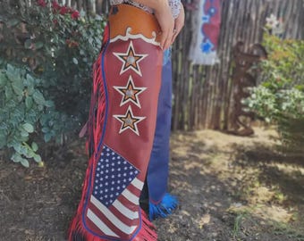 Handmade Patriotic Leather Rodeo Chaps: American Flag, Stars & Fringe