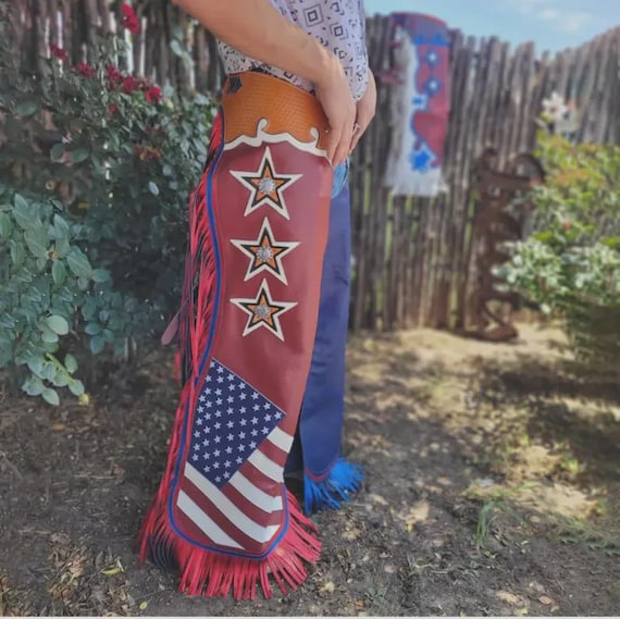 Handmade Patriotic Leather Rodeo Chaps: American Flag, Stars & Fringe