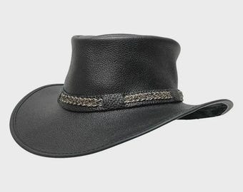 Cappello da cowboy in pelle nera fatto a mano: Western Rancher con fascia intrecciata