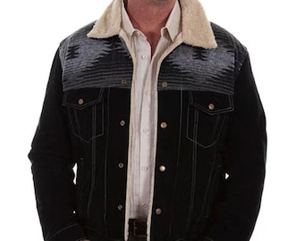 May include: Black denim jacket with a patterned gray and black yoke and a cream-colored sherpa collar. The jacket has button closures, chest pockets, and a light-colored shirt underneath.