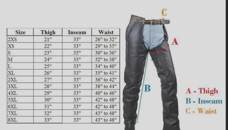 Op de afbeelding: Zwarte leren motorbroek met een maattabel. De tabel vermeldt maten van 2XS tot 8XL, met dijbeenmaten van 53 cm tot 84 cm, binnenbeenlengte van 84 cm en taillematen van 66 cm tot 122 cm.