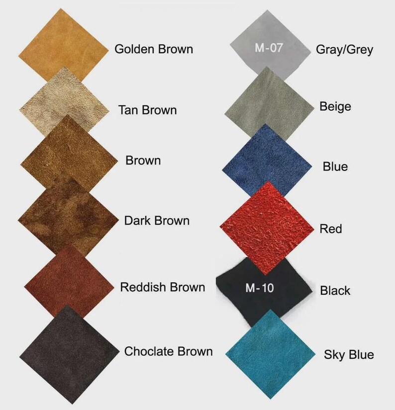 Op de afbeelding: Een kleurenkaart met ruitvormige stalen in verschillende tinten. De kaart bevat bruintinten zoals goudbruin, tan bruin en chocoladebruin, naast grijs, beige, blauw, rood, zwart en hemelsblauw. Elke kleur is voorzien van een naam.