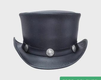 Handmade Black Leather Steampunk Top Hat: Buffalo Nickel Conchos