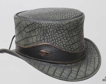 Steampunk Leather Top Hat: Crocodile Embossed Gothic Dragon Eye Costume