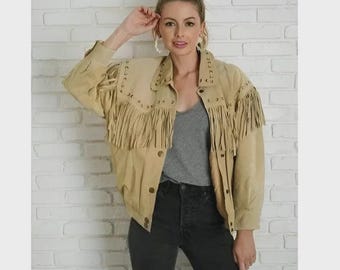 Women’s Tan Fringe Leather Jacket – Handmade Western Cowgirl Style Coat