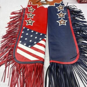 Handgemaakte patriottische leren rodeochaps: Amerikaanse vlag, sterren en franje afbeelding 2