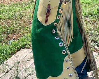 Aangepaste leren rodeochaps: groen en bruin, klaverblad, franje