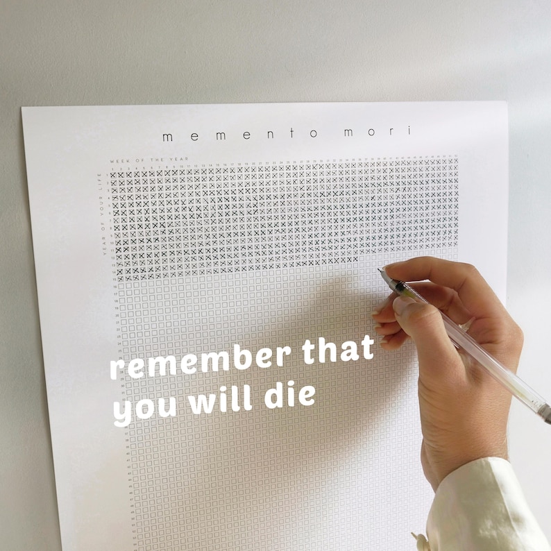 Pu&ograve; includere: Stampa su carta bianca con le parole "memento mori" e "remember that you will die". La stampa ha un motivo a griglia e viene contrassegnata con una penna. La stampa &egrave; un promemoria della mortalit&agrave;.