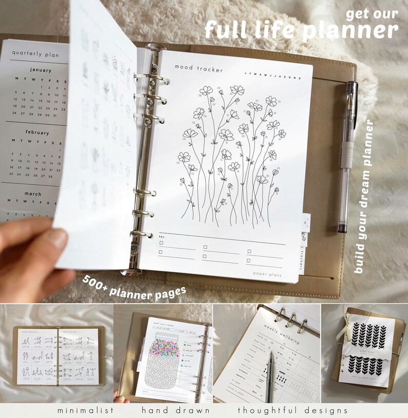 May include: A tan leather-bound planner with a silver ring binder. The planner is open to a mood tracker page with a floral illustration. The text "get our full life planner" and "build your dream planner" are visible.
