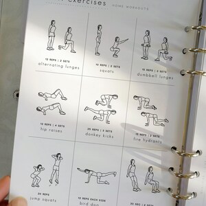 May include: A white planner page featuring black line drawings of home exercises, including alternating lunges, squats, and dumbbell lunges. Other exercises shown are hip raises, donkey kicks, fire hydrants, jump squats, and bird dog. Text indicates reps and sets.