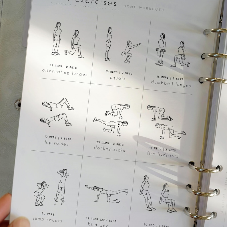 May include: A white planner page featuring black line drawings of home exercises, including alternating lunges, squats, and dumbbell lunges. Other exercises shown are hip raises, donkey kicks, fire hydrants, jump squats, and bird dog. Text indicates reps and sets.