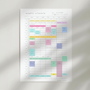 Può includere: Un programma settimanale stampato su carta bianca. Il programma è diviso in giorni e orari, con note adesive colorate che indicano appuntamenti e attività. Il titolo è "weekly schedule". La data è 22/3/2015.