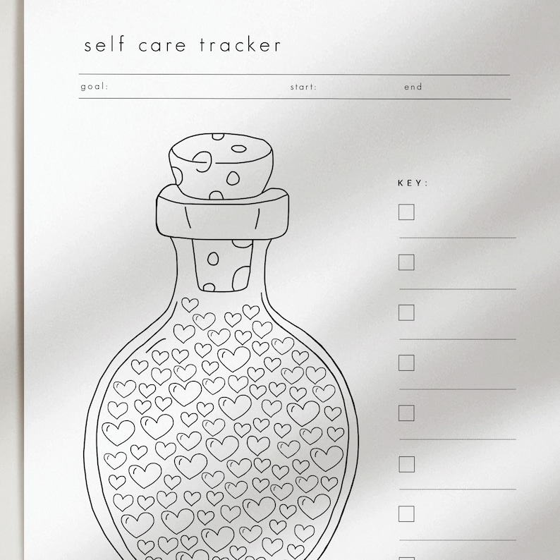 May include: A black and white self-care tracker with the words "self care tracker" at the top. The tracker features a bottle filled with hearts, a space for goals, and a key section. The bottle has a cork stopper.