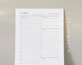 Puede incluir: Un bloc de notas blanco con un diseño minimalista. La palabra "today" está en la parte superior, con secciones para horario, prioridades, lista de tareas y notas. El lado derecho del bloc de notas tiene la palabra "minimalist" escrita verticalmente.