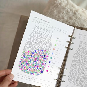 Peut inclure: Une page de suivi d'épargne avec un motif de bocal. Le bocal est rempli de points colorés représentant les étapes d'épargne. Le texte "savings tracker" et un objectif sont en haut. Le texte "buy a new sony dslr !!!" est en bas.