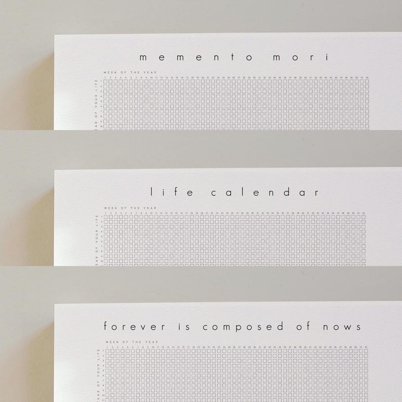 Pu&ograve; includere: Tre calendari di carta bianca con design minimalisti. Il calendario in alto recita "memento mori", quello centrale "life calendar" e quello in basso "forever is composed of nows". Ogni calendario ha una griglia per tenere traccia delle settimane dell'anno.