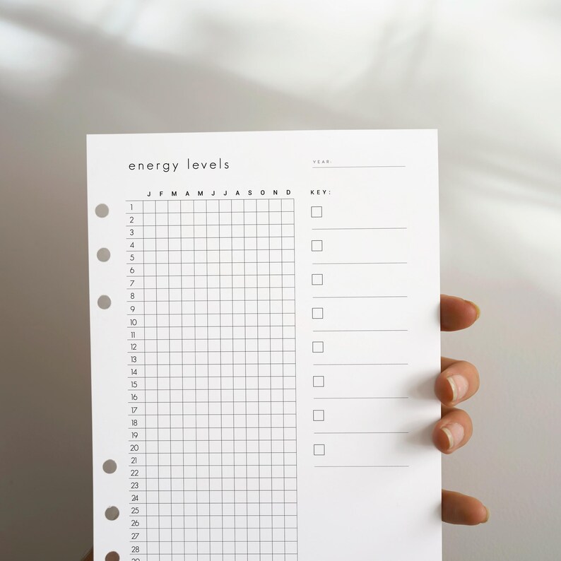 May include: A white planner insert page with black text and grid lines. The header reads energy levels and year. A grid tracks months J through D and days 1 through 31. A key section on the right features empty checkboxes with lines for notes.