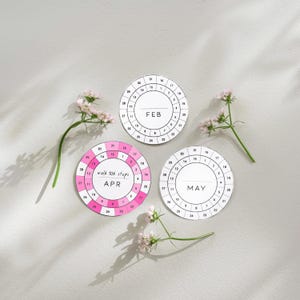 Könnte beinhalten: Drei kreisförmige Papier-Tracker für Februar, April und Mai mit Datumsangaben und Notizfeldern. Der April-Tracker hat ein rosa-weißes Design und den Text "walk 10k steps". Kleine rosa Blüten umgeben die Tracker.