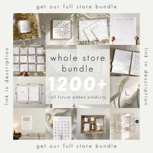 Puede incluir: Un collage de varios art&iacute;culos de papeler&iacute;a y decoraci&oacute;n del hogar, que incluyen un marco con un dise&ntilde;o de sol, cuadernos, velas y un diario. El texto "whole store bundle 1200+" se muestra en el centro, con el texto "get our full store bundle".