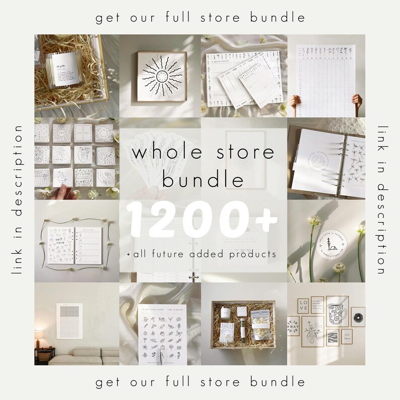 Puede incluir: Un collage de varios art&iacute;culos de papeler&iacute;a y decoraci&oacute;n del hogar, que incluyen un marco con un dise&ntilde;o de sol, cuadernos, velas y un diario. El texto "whole store bundle 1200+" se muestra en el centro, con el texto "get our full store bundle".