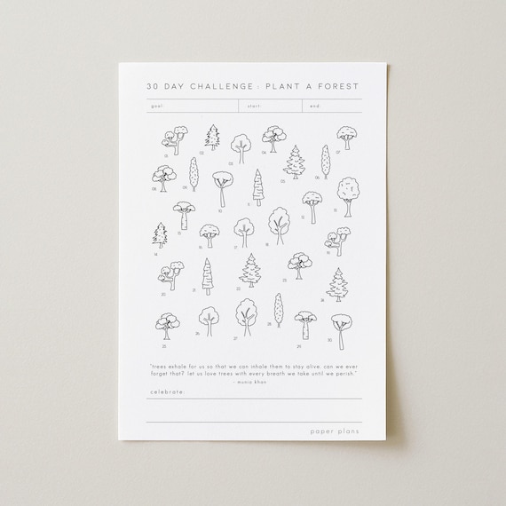 Plant a Tree a Day: 30 Day Challenge, Nature Lover, Tree Planting, Bujo Journal, Monthly Challenge  (Printable, Letter Size, A5 )