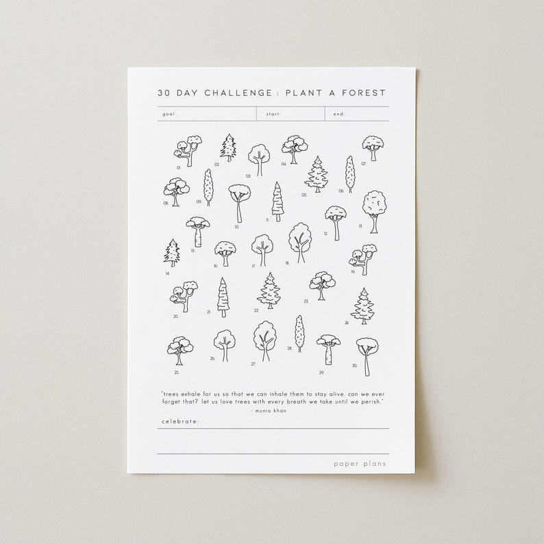 May include: A white paper with a black line drawing of various trees, numbered 1-30, with the text "30 DAY CHALLENGE PLANT A FOREST". Below the trees is a quote and the word "celebrate". The paper is from "paper plans".