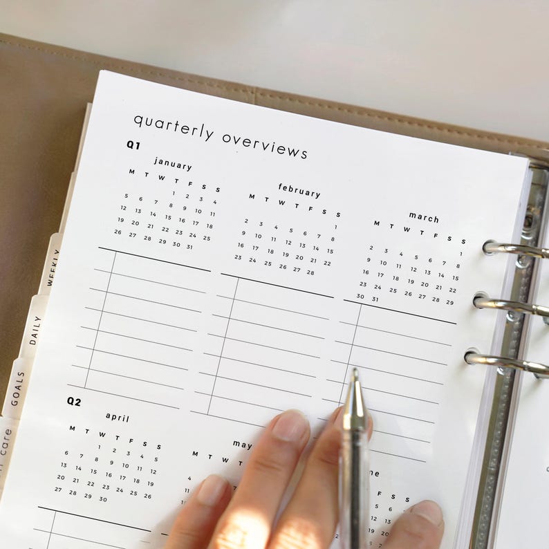 May include: A planner page with the text "quarterly overviews" and calendar grids for January, February, March, April, and May. The page is open, with a pen resting on the page. The planner is in a binder.