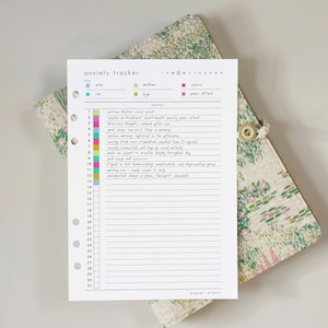Puede incluir: Hoja de seguimiento de la ansiedad con clave codificada por colores y espacios con líneas para notas. La hoja es blanca con texto negro y está junto a una cubierta de diario con estampado floral con cierre de botón.