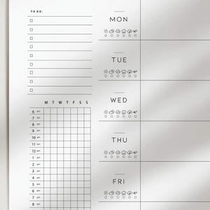 May include: A minimalist weekly planner with a light grey background. The planner includes sections for "TO DO:" and a daily schedule from Monday to Friday. Each day has weather icons and a time grid from 6 am to 8 pm.