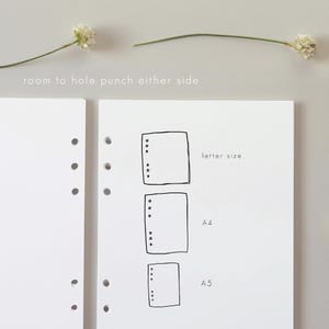 May include: White paper with a sketched design of three different-sized rectangles, labeled "letter size", "A4", and "A5". The text "room to hole punch either side" is above the paper. Two sprigs of white flowers are at the top.