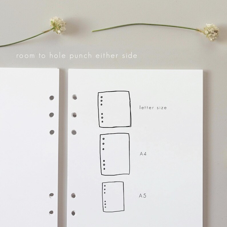 May include: White paper with a sketched design of three different-sized rectangles, labeled "letter size", "A4", and "A5". The text "room to hole punch either side" is above the paper. Two sprigs of white flowers are at the top.