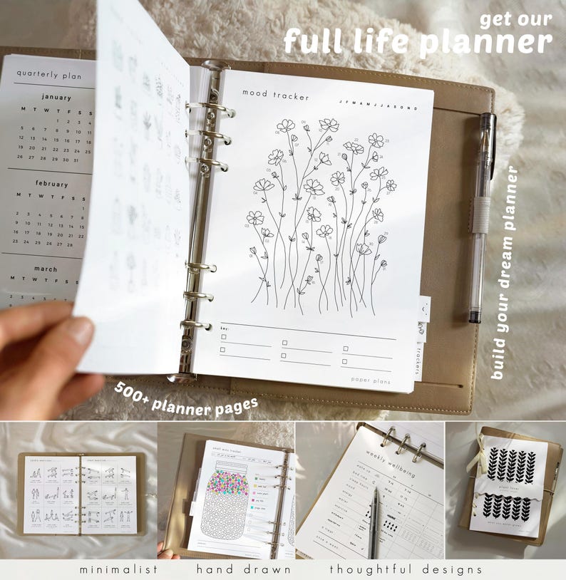 May include: A full life planner with a tan leather cover, open to a mood tracker page with floral illustrations. The planner includes a quarterly plan, 500+ pages, and the text "get our full life planner" and "build your dream planner".