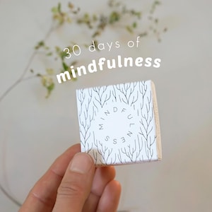 Può includere: Un piccolo blocco quadrato in legno con una superficie superiore bianca caratterizzata da un disegno a linee nere di motivi a rami e la parola mindfulness disposta in cerchio. Il testo 30 days of mindfulness appare sopra in bianco.